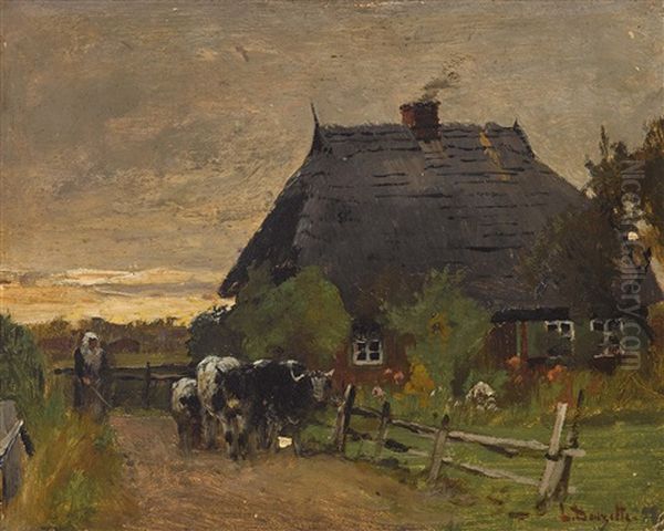 Hirtin Mit Rindern Vor Bauernkate Oil Painting by Louis, Carl Ludwig Douzette