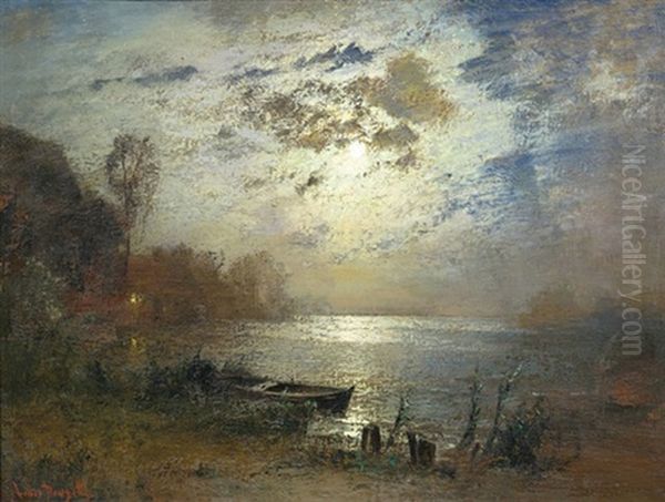 Kustenlandschaft Bei Mondschein Oil Painting by Louis, Carl Ludwig Douzette