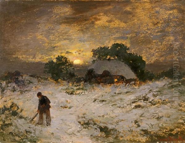 Winterlandschaft Bei Sonnenuntergang Oil Painting by Louis, Carl Ludwig Douzette