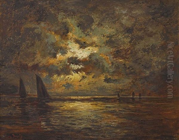 Segelboote Im Mondschein Oil Painting by Louis, Carl Ludwig Douzette