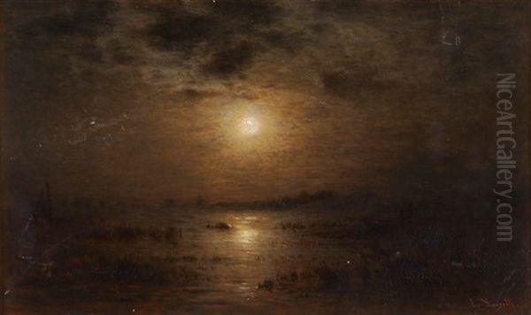 Meereslandschaft Bei Mondschein Oil Painting by Louis, Carl Ludwig Douzette