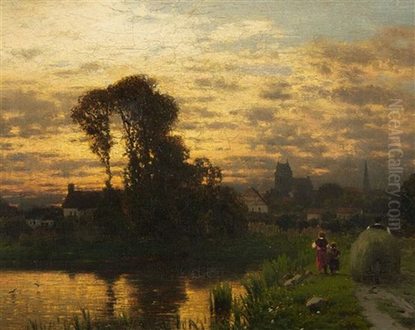 Evening Landscape With Peasants Returning From The Harvest Oil Painting by Louis, Carl Ludwig Douzette