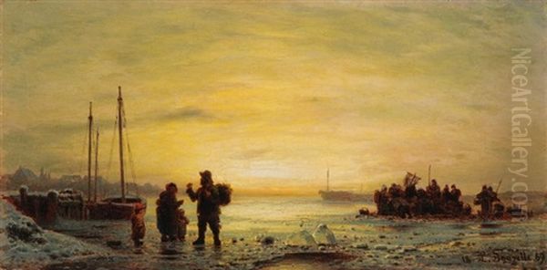 Fischer Auf Zugefrorenem See Bei Sonnenuntergang Oil Painting by Louis, Carl Ludwig Douzette
