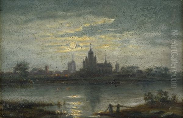 Ansicht Von Schwerin Im Mondschein Oil Painting by Louis, Carl Ludwig Douzette