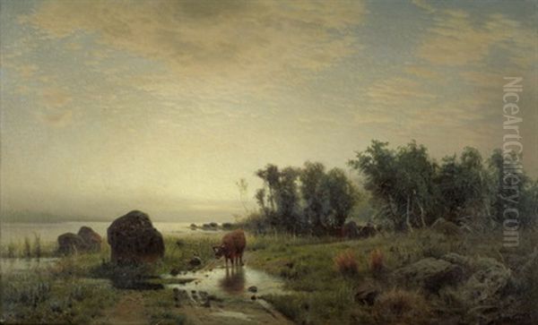 Boddenlandschaft Im Abendlicht Oil Painting by Louis, Carl Ludwig Douzette