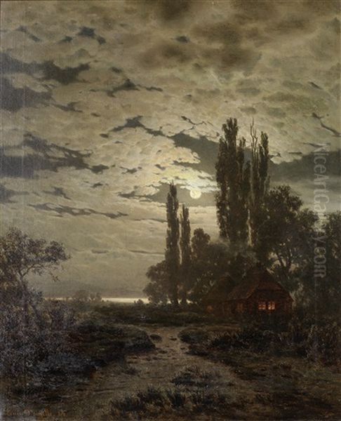 A Moonlit Landscape Oil Painting by Louis, Carl Ludwig Douzette