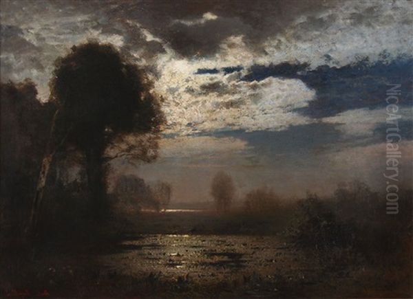 Moonlit Lake Oil Painting by Louis, Carl Ludwig Douzette
