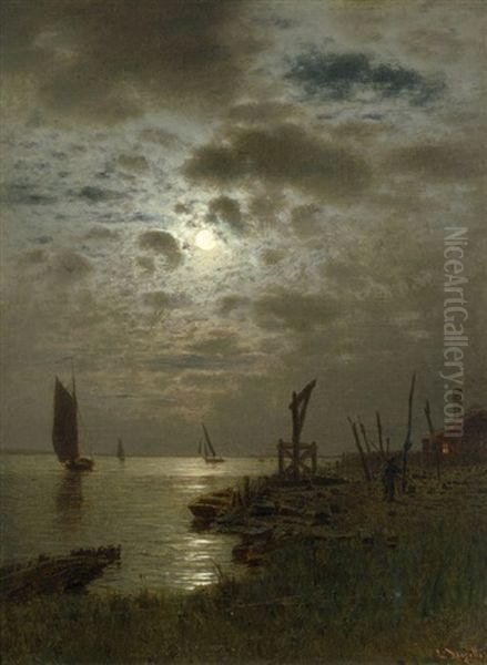 Boddenlandschaft Bei Vollmond Oil Painting by Louis, Carl Ludwig Douzette