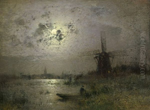 Mondscheinlandschaft Mit Windmuhle Oil Painting by Louis, Carl Ludwig Douzette