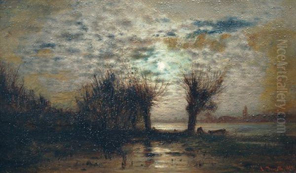 Full Moon Over The Coast Oil Painting by Louis, Carl Ludwig Douzette