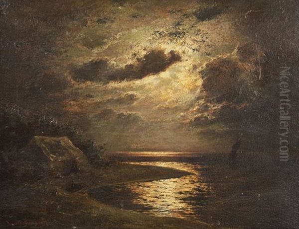 Kustenlandschaft Mit Kate Im Mondschein Oil Painting by Louis, Carl Ludwig Douzette