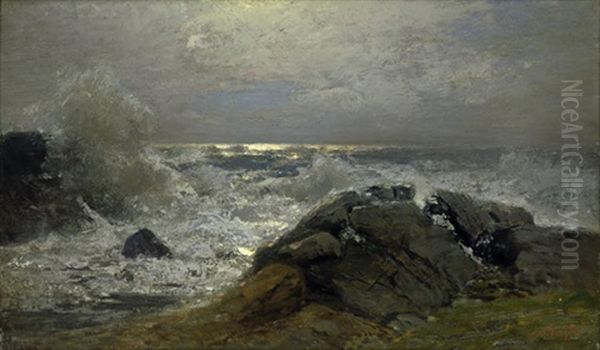 Aufbrandende Wellen An Einer Felsenkuste Im Mondschein Oil Painting by Louis, Carl Ludwig Douzette