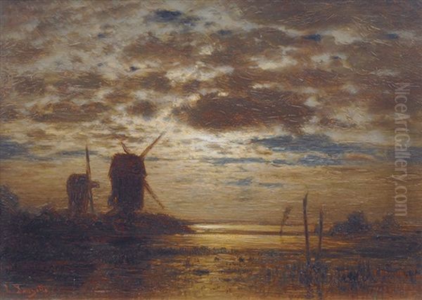 Mills In The Moonlight Oil Painting by Louis, Carl Ludwig Douzette