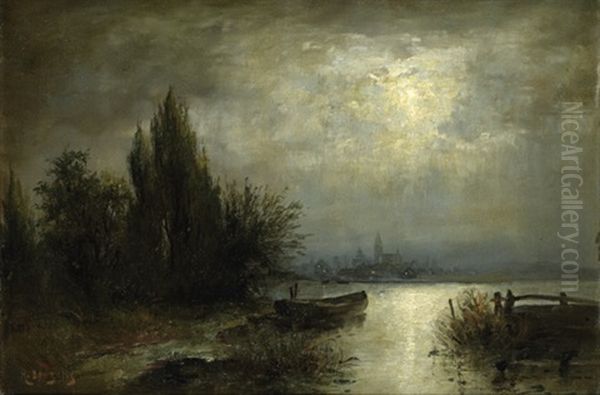 Mondnacht: Fischerboot Auf Einem See, Im Hintergrund Die Silhouette Einer Kleinen Stadt Oil Painting by Louis, Carl Ludwig Douzette