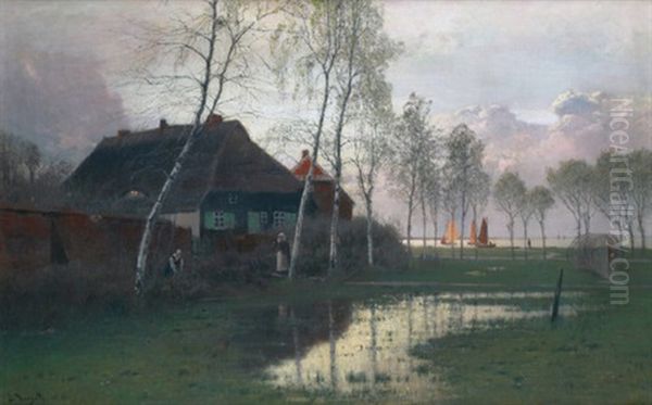 Fischerhauser In Der Abendstimmung Am Bodden Mit Booten Oil Painting by Louis, Carl Ludwig Douzette