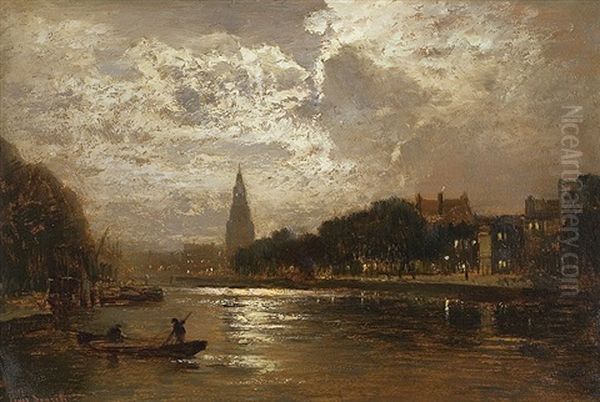 Moonlit Night Oil Painting by Louis, Carl Ludwig Douzette