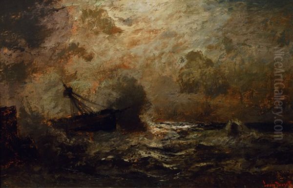 Moonlit Stormy Seas Oil Painting by Louis, Carl Ludwig Douzette