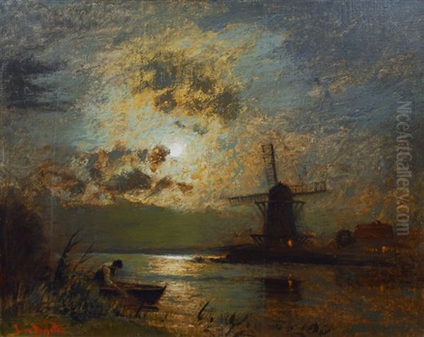 Nocturnal River Landscape Oil Painting by Louis, Carl Ludwig Douzette