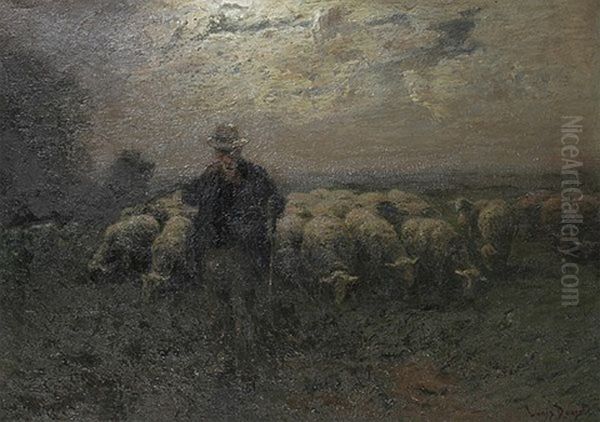 Sich Eine Pfeife Anzundender Schafer Mit Herde In Wolkenverhangener Mondscheinlandschaft Oil Painting by Louis, Carl Ludwig Douzette