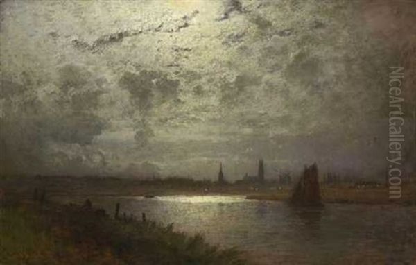Mondscheinlandschaft Mit Blick Auf Lubeck Oil Painting by Louis, Carl Ludwig Douzette