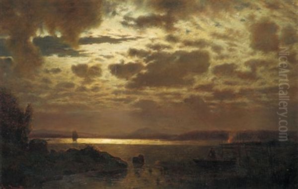 Seenlandschaft Bei Vollmond Oil Painting by Louis, Carl Ludwig Douzette