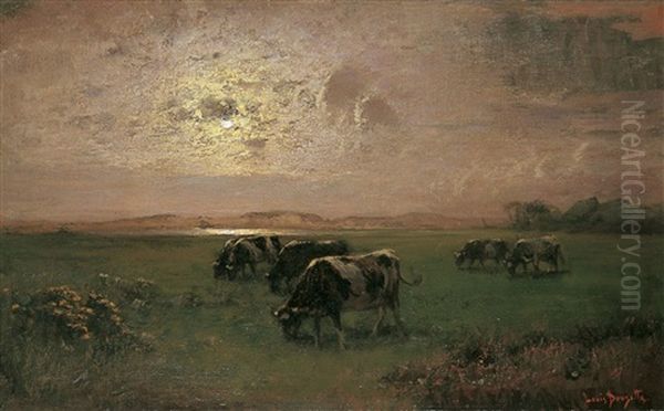 Vollmondbeschienene Landschaft In Kustennahe Mit Weidendem Vieh Oil Painting by Louis, Carl Ludwig Douzette