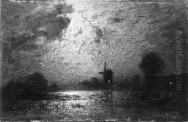 Mondscheinlandschaft Mit Windmuhle Oil Painting by Louis, Carl Ludwig Douzette