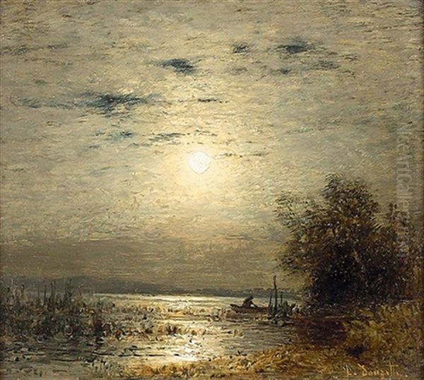 Seeuferpartie Bei Vollmond Oil Painting by Louis, Carl Ludwig Douzette