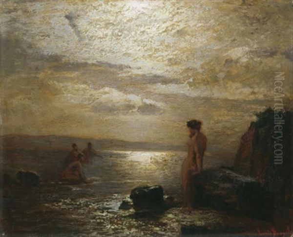 Badende An Felsiger Kuste Bei Sonnenuntergang Oil Painting by Louis, Carl Ludwig Douzette