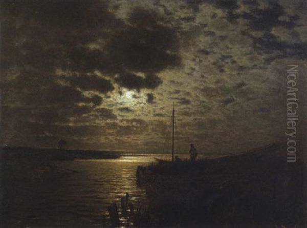 Mondscheinlandschaft Oil Painting by Louis, Carl Ludwig Douzette