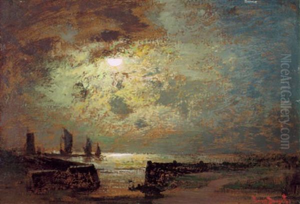 Hafenszene In Barth An Der Ostsee Oil Painting by Louis, Carl Ludwig Douzette