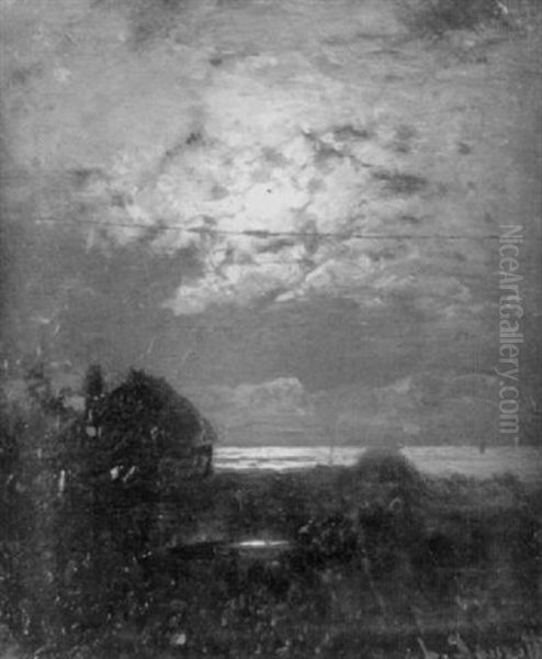 Haus Am Meer Bei Vollmond Oil Painting by Louis, Carl Ludwig Douzette