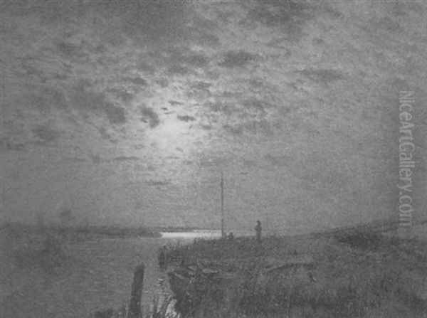 Dawn In The Marshes Oil Painting by Louis, Carl Ludwig Douzette