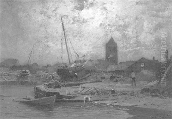 Bootanlegestelle Und Stadtchen Bei Mondschein Oil Painting by Louis, Carl Ludwig Douzette