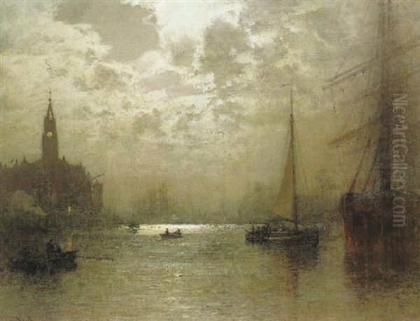 Hamburger Hafen Im Mondschein Oil Painting by Louis, Carl Ludwig Douzette