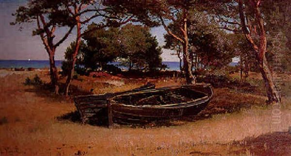 Bewaldete Kuste Mit Booten Oil Painting by Louis, Carl Ludwig Douzette