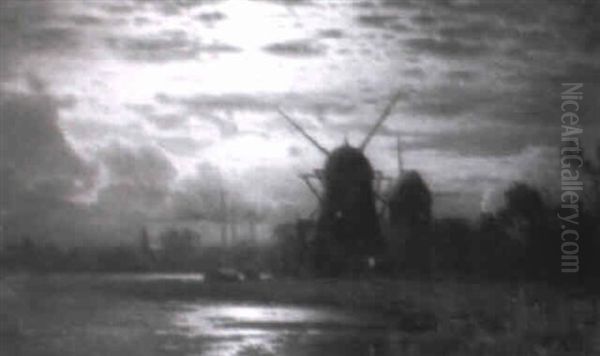 Kanalparti Med M+ller, Aften Oil Painting by Louis, Carl Ludwig Douzette