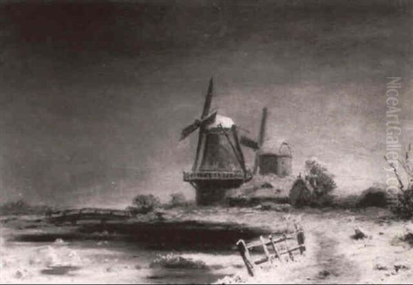 Winterabend Am Fluss Oil Painting by Louis, Carl Ludwig Douzette