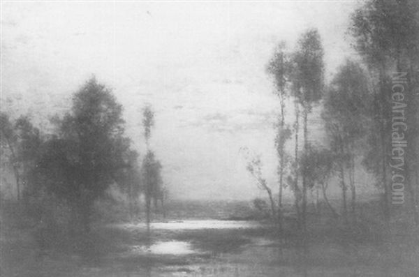 Mondschein Uber Einer Nachtlichen Waldichtung Oil Painting by Louis, Carl Ludwig Douzette