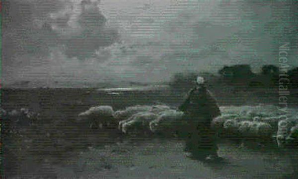 Schaferin Mit Ihrer Herde In Kustenlandschaft Oil Painting by Louis, Carl Ludwig Douzette