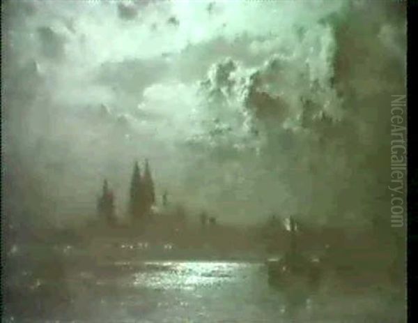 Helle Mondnacht In Koln. Oil Painting by Louis, Carl Ludwig Douzette