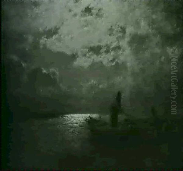 Helle Mondnacht An Einer Flussmundung Oil Painting by Louis, Carl Ludwig Douzette