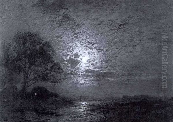 Moorlandschaft Mit Einsam Stehender Bauernkate Bei          Mondschein Oil Painting by Louis, Carl Ludwig Douzette
