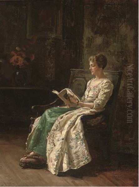 Portrait Of Helen Frances Goodwin, Seated Full-length, In A White Flowered Robe With Green Skirt, Reading Oil Painting by Margaret Dovaston