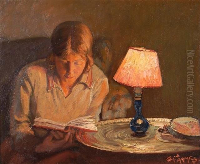 Young Girl Seated In A Chair Reading By Table Lamp Oil Painting by Thomas W., Tom Armes