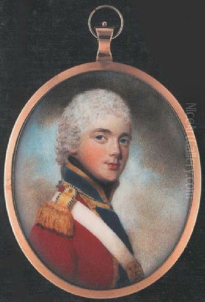 An Officer (francis Hepburn, Of The 3rd Regiment Of Foot Guards?), Wearing Scarlet Coat With Gold Edged Blue Facings And Gold Epaulette, His Powdered Hair Worn En Queue Oil Painting by John Downman