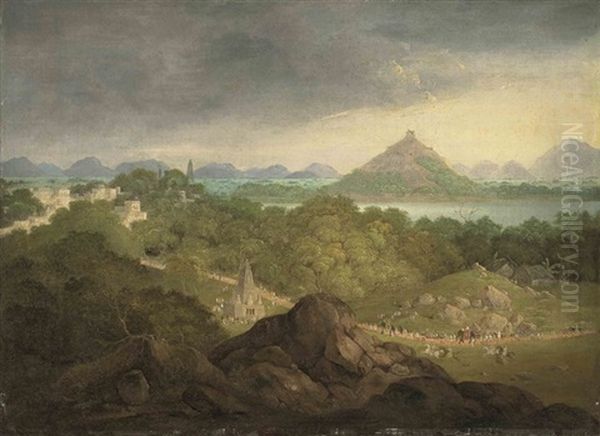 Pushkar, India, With A Parade Of Figures, Elephants And Horses In The Foreground Oil Painting by Charles D'Oyly