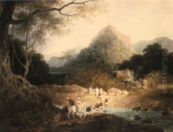 Mounted Horsemen And Bearers Crossing A Stream, India Oil Painting by Charles D'Oyly