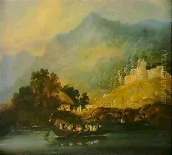 Hilly Landscape With Figures In A Boat On The River Ganges Oil Painting by Charles D'Oyly