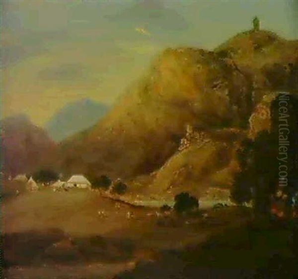 An Encampment By A River At Dusk Oil Painting by Charles D'Oyly